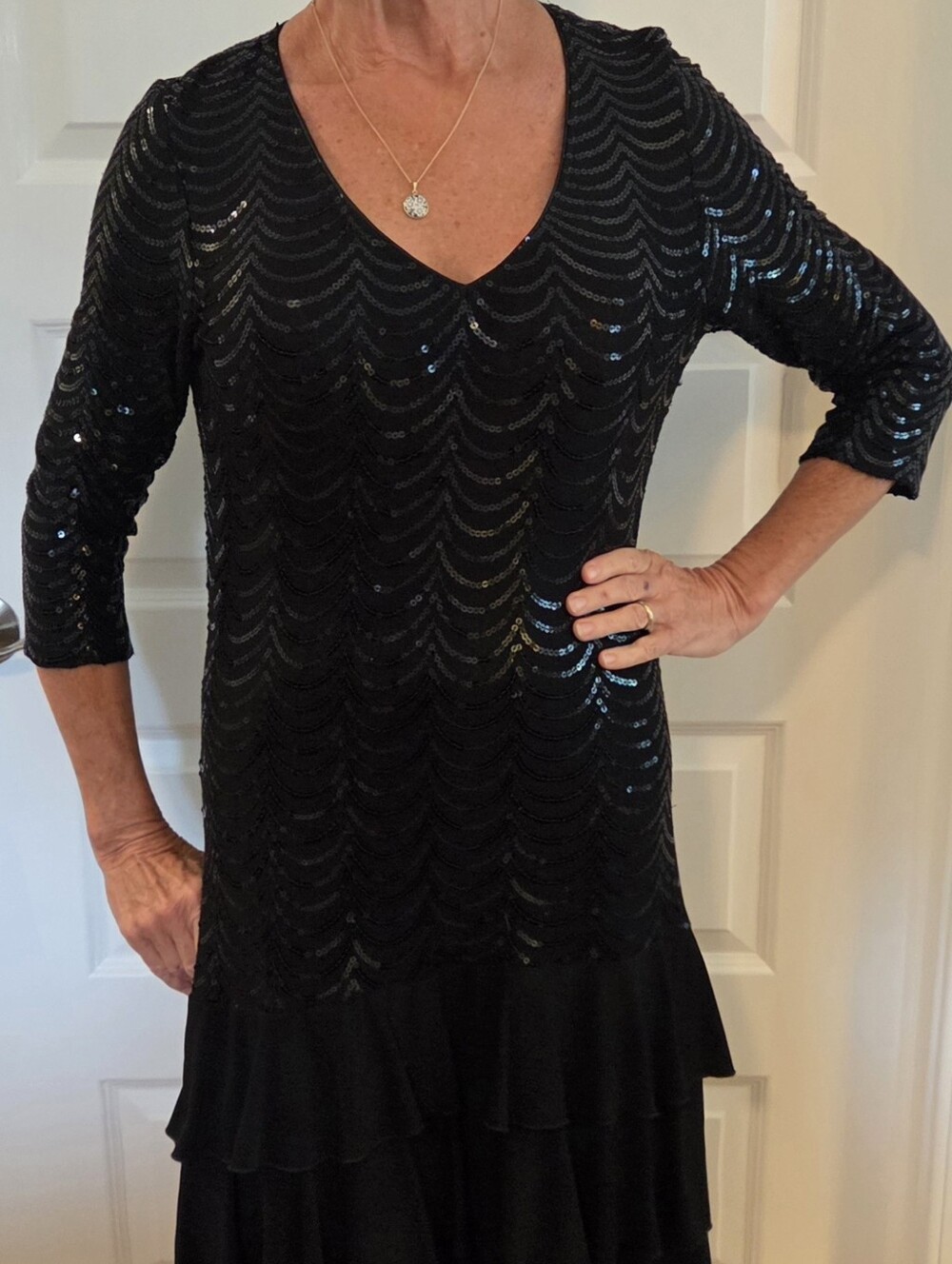 Black Sequin Tiered Ruffle 3/4 Sleeve Dress
